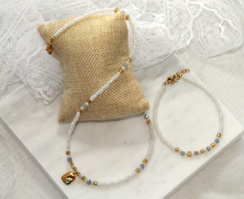 Σετ Κολιέ  Και Βραχιόλι με Ημιπολύτιμους Λίθους και Επιχρυσωμένο Μάτι