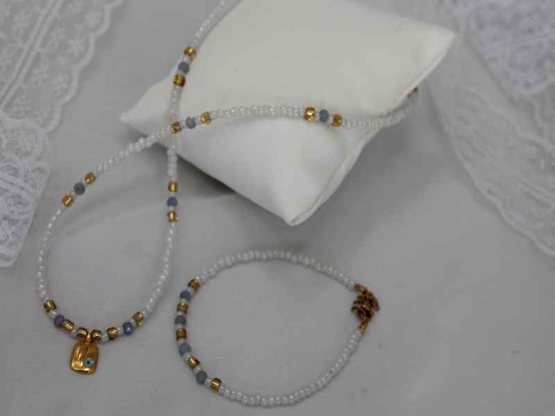 Σετ Κολιέ Και Βραχιόλι με Ημιπολύτιμους Λίθους και Επιχρυσωμένο Μάτι