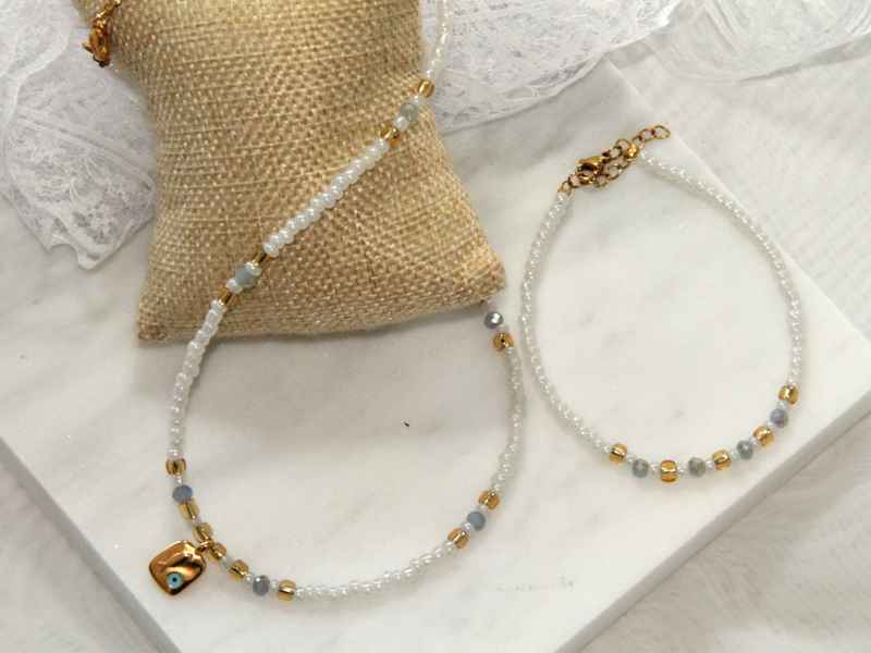 Σετ Κολιέ Και Βραχιόλι με Ημιπολύτιμους Λίθους και Επιχρυσωμένο Μάτι - Εικόνα 5